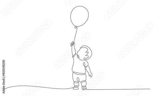 Continuous line art of a baby holding onto a balloon, capturing innocence and joy