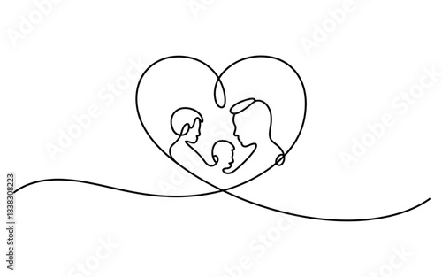 Simple black and white continuous line illustration showing a family united by love and care