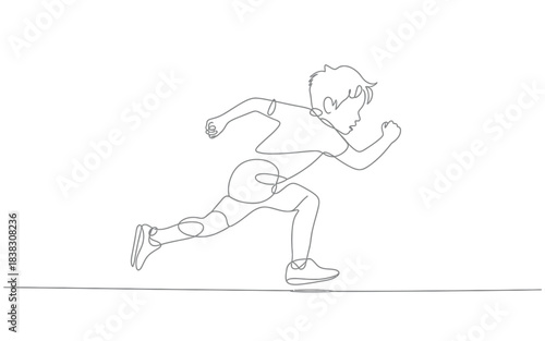 Simple continuous line art drawing of a fast running little boy on a white background