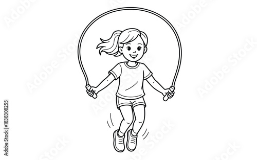 A happy young girl in a cartoon illustration skips rope during a fun exercise activity