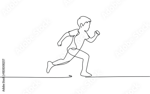 Continuous line drawing of a young boy running, depicting childhood energy and movement