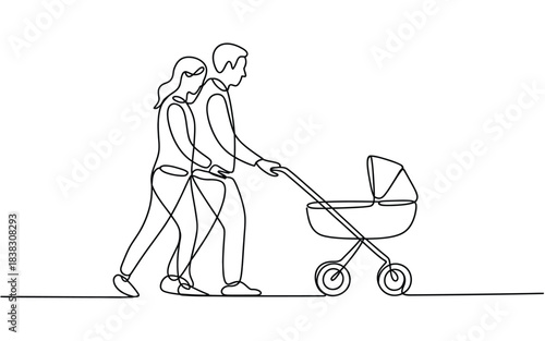 Continuous line drawing of a new couple taking their baby for a walk in a stroller