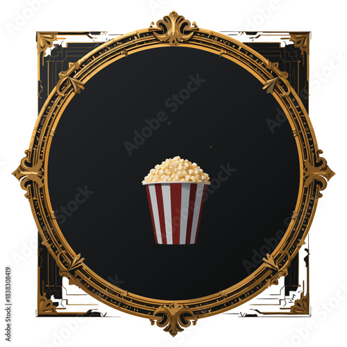 Luxury Gold Ornamental Frame with Popcorn Icon – Elegant Cinema and Movie Night Design.