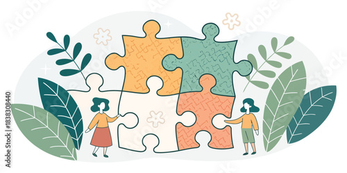 Diverse People Completing a Large Puzzle with Plants