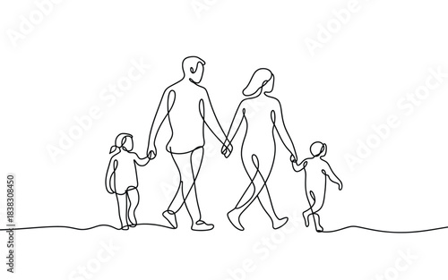 Continuous line drawing illustration of a happy family walking and holding hands