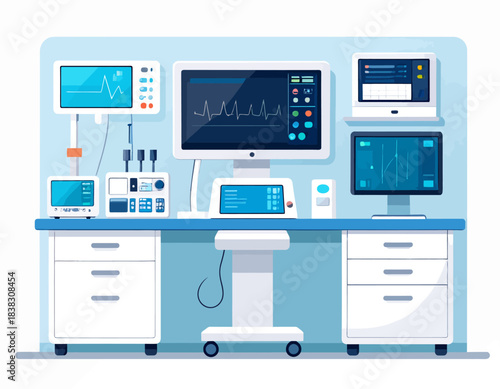 Medical equipment and devices in a hospital setting, illustrating advanced technology for patient monitoring and diagnostics