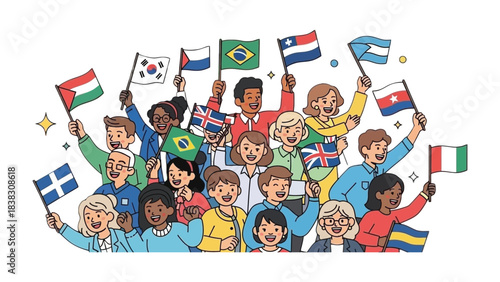 Global Unity: A group of individuals from around the world gather, united by a shared sense of community and the flags of their nations raised high in a vibrant display of global unity.