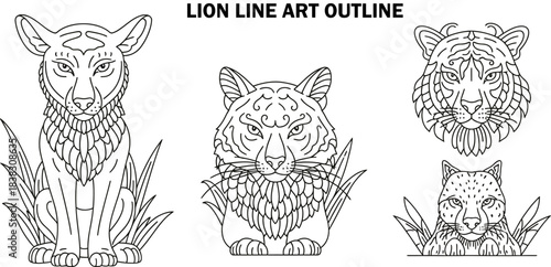 Animals outline set vector illustration. Line Art hand drawn woodland simple collection Outlined Animals Majestic Lion Elephant Giraffe deer cow etc.
