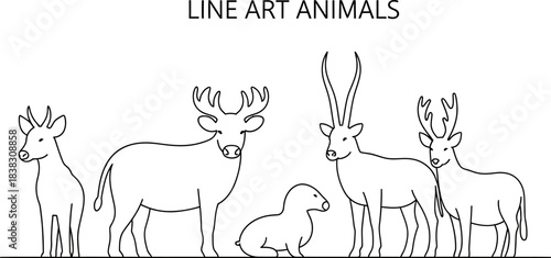 Animals outline set vector illustration. Line Art hand drawn woodland simple collection Outlined Animals Majestic Lion Elephant Giraffe deer cow etc.