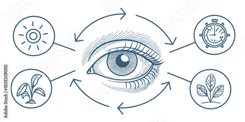 Eye surrounded by symbols of nature and time vision