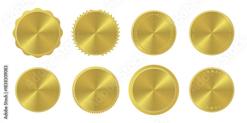 Set of eight shiny gold medals or seals with different decorations