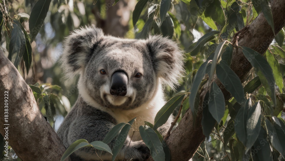 Fototapeta premium Adorable Koala Bear Resting Peacefully in Eucalyptus Tree.