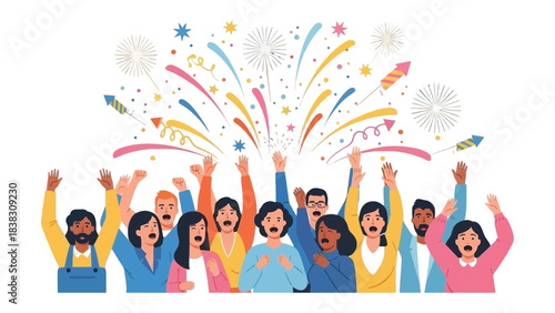 Celebratory Crowd Under Fireworks: An ecstatic, diverse crowd of people celebrating, their faces illuminated by a colorful display of fireworks. The energy of this moment is palpable.