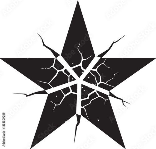 Abstract black fivepointed star with shattered cracks symbolizing destruction and grunge isolated on transparent background design element