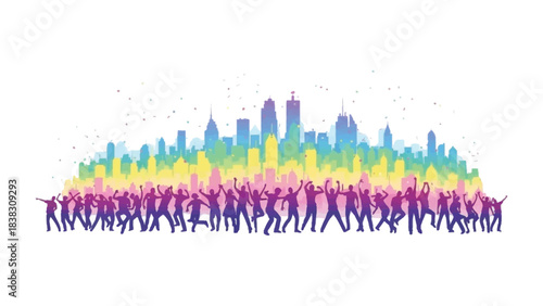 City Celebration: A vibrant silhouette of a city skyline provides the backdrop to a joyful gathering of silhouettes, illustrating the festive spirit of community and urban life.
