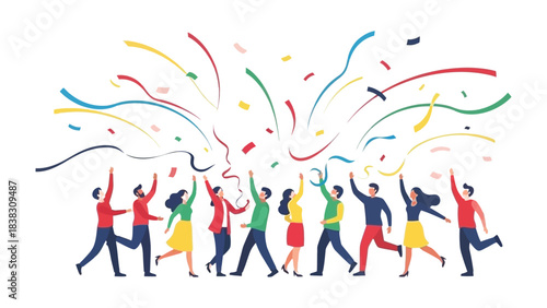 Celebration Cascade: A vibrant illustration shows people in jubilation, with celebratory confetti and ribbons in a cascade of colors, highlighting joyous celebration.