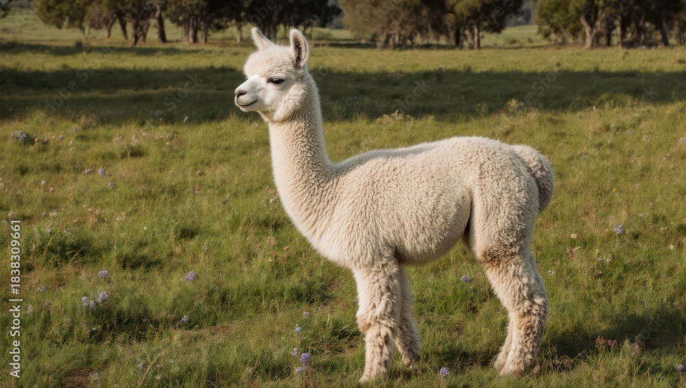 Naklejka premium Adorable White Alpaca Standing Gracefully in a Lush Green Field on a Sunny Day.
