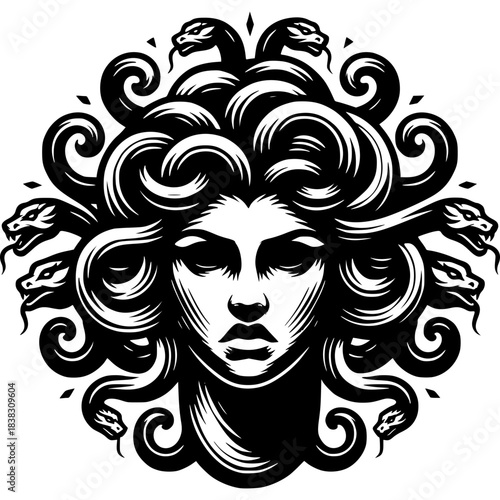 Medusa's Gaze: A captivating black and white artistic rendition of Medusa, the iconic figure from Greek mythology, with her hair transformed into writhing snakes.