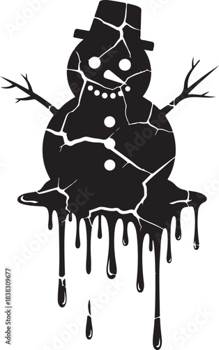 Cracked melting snowman silhouette vector illustration representing the end of winter and global warming concerns