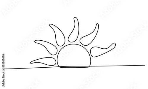 Continuous line art drawing of a sun rising over the horizon line in minimalist style