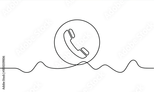 Continuous line art drawing of a telephone handset icon and sound wave pattern