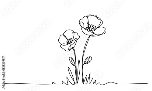 A beautiful minimalist one line drawing of two flowers growing in a field on a white background