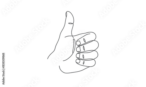 Continuous line drawing of a human hand making the thumbs up symbol on a white background