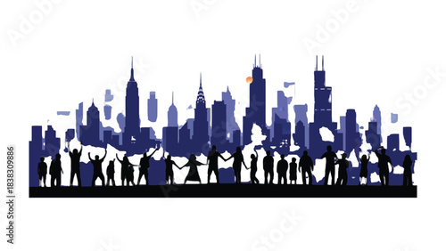 Urban Harmony: Silhouette of a city skyline embraces a vibrant community of united individuals, symbolizing unity, collaboration, and shared aspirations, fostering a sense of belonging and hope.