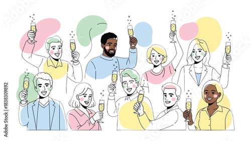 Cheers to Moments: A diverse group of individuals is seen toasting with champagne glasses, set against a backdrop of colorful shapes, the drawing style capturing a celebratory and joyful atmosphere.