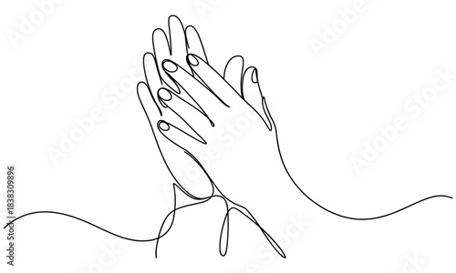 Continuous line drawing of hands in a praying or clapping gesture on a white background