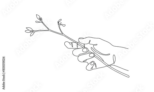 Minimalist single line drawing of a hand holding a small plant branch with fresh buds