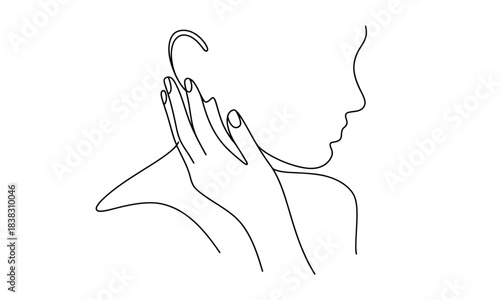 Continuous line art of a woman's silhouette with hand touching her neck and ear