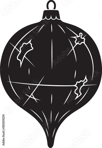 Elegant black silhouette of a classic teardrop shaped Christmas ornament bauble with decorative lines and abstract patterns perfect for holiday season vector illustration