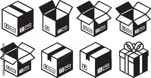 Box icons set. Empty open shipping box or unboxing line art. Carton boxes icon set. Stock vector. Vector illustration.