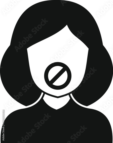 Simple black and white vector icon of a woman with forbidden sign on mouth, representing censorship, silence, and freedom of speech