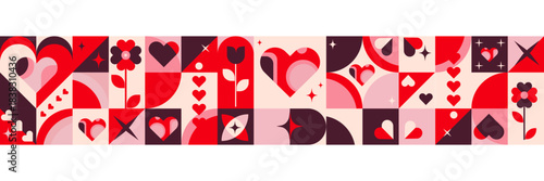 Horizontal Valentines Day banner border with abstract geometric hearts, flowers, and modern shapes for gift wrapping, digital banners, social media, website headers, cards, and printable decor. Vector