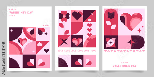 Modern Valentines Day Greeting Card Set with Geometric Love Elements. Valentines Day templates cards with abstract shapes for romantic stationery,invitations, printable cards, social media.Vector
