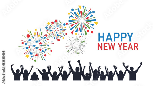New Year Celebration: Witness a vibrant display of fireworks illuminating the night sky as a joyful crowd celebrates the arrival of a new year. A visual spectacle of color, light.