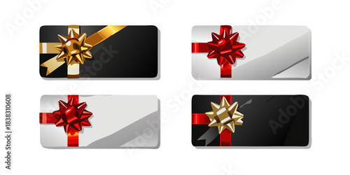 Realistic gift cards. Voucher shop card with red satin ribbon bow, bonus certificate luxury store present silver gold black coupon design discount loyalty 3d vector illustration .vector icon