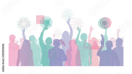 Celebration Silhouette: A vibrant illustration depicts a crowd of figures celebrating with raised hands, creating a sense of joy, unity, and excitement. 