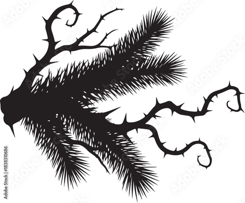 Stylized black silhouette vector illustration of a dramatic thorny branch with sharp needles and curling tendrils isolated on transparent background