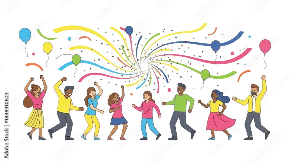 Fototapeta premium Festive Dance: A group of diverse people revel in a joyous celebration, surrounded by colorful confetti and balloons, radiating pure happiness.