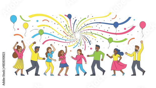 Festive Dance: A group of diverse people revel in a joyous celebration, surrounded by colorful confetti and balloons, radiating pure happiness.