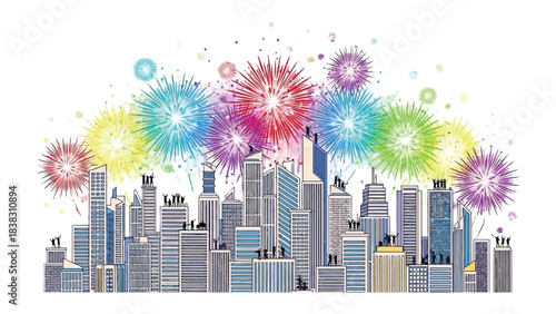 Cityscape Celebration: A vibrant cityscape bursts with colorful fireworks, creating a dazzling spectacle of light and joy. This scene captures the energy of celebration.