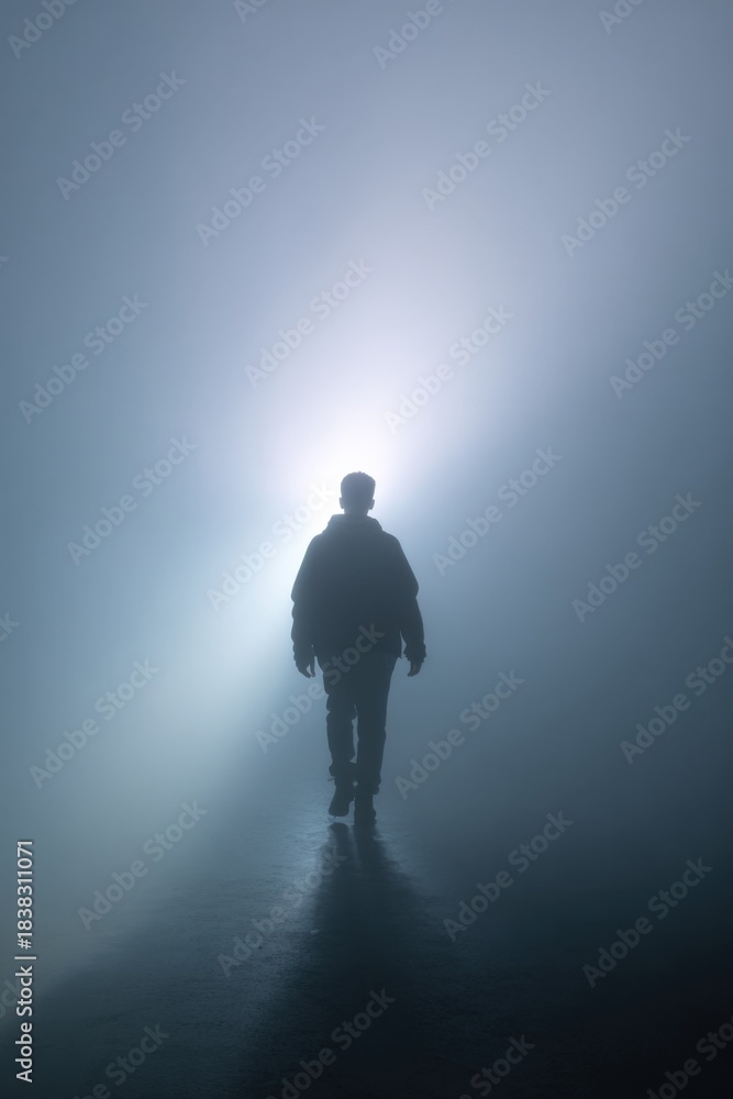 Fototapeta premium Mysterious silhouette of male walking in foggy light