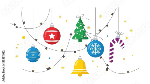 Festive Ornaments and Garland: A vibrant array of ornaments, including a Christmas tree, star, and candy cane, adorned with twinkling lights. Creating a cheerful holiday scene.