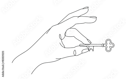 A minimalist continuous line art drawing of a human hand delicately holding a vintage skeleton key.