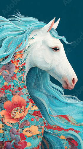 Majestic white horse adorned with vibrant floral patterns and flowing turquoise mane