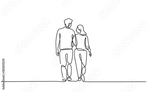 Continuous line drawing of a couple walking away from the viewer on a white background