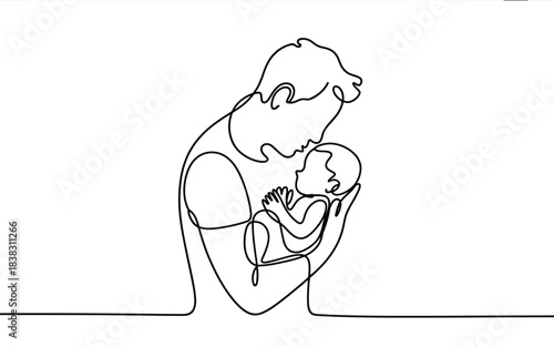Continuous line drawing illustrating a father gently holding a newborn baby with love and tenderness